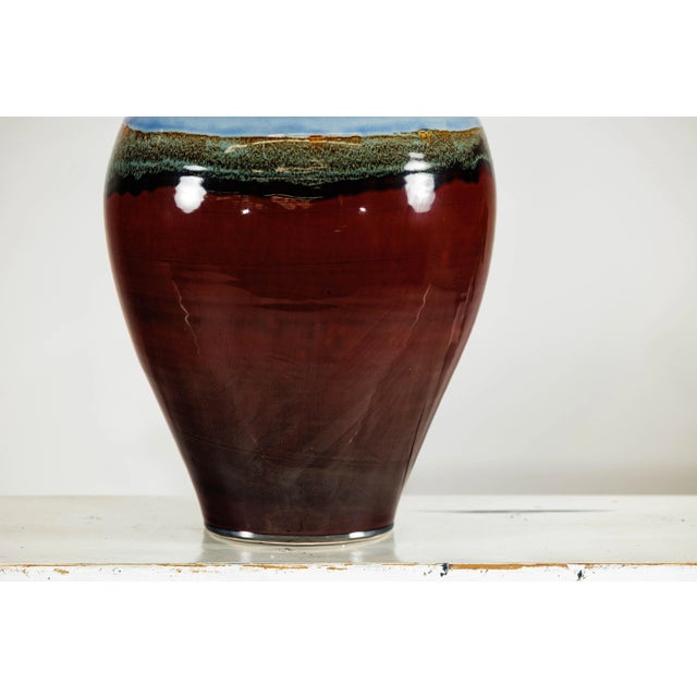 Large Glazed Ceramic Vase with Blue, Green, and Brown Tones For Sale - Image 12 of 12