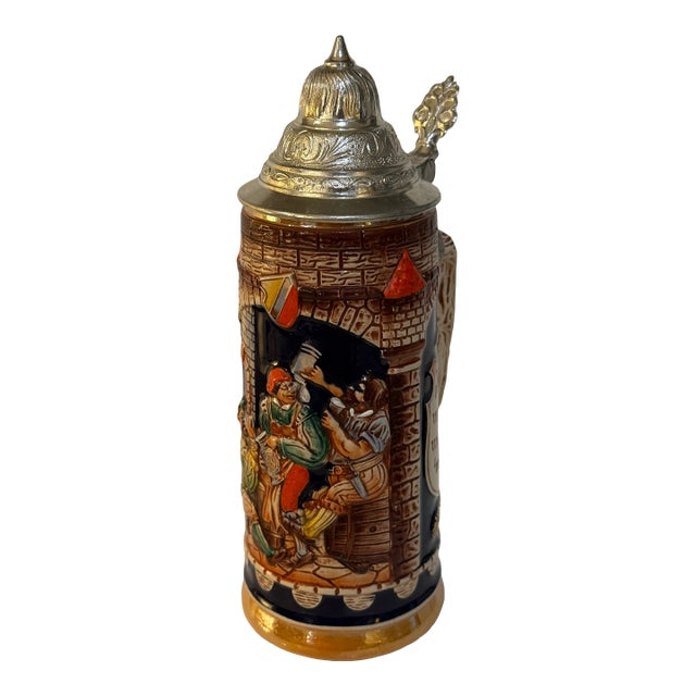 Vintage Gerz West Germany Medieval Relief Beer Stein With Pewter Lid – 9.5” For Sale