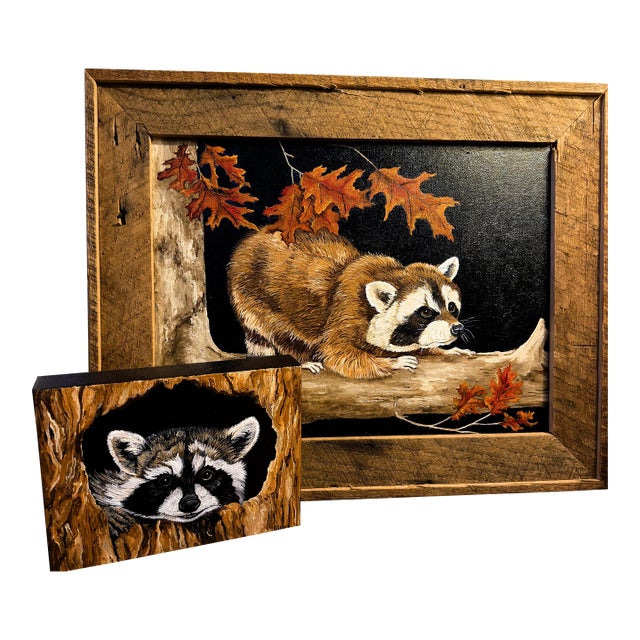 Original Wildlife Painting Pair by Patti Gilley – "Night Crawler" & "Peek-a-Boo" Raccoon Art For Sale