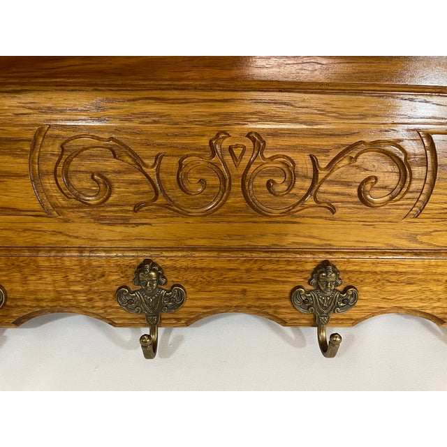 Wood Vintage French Tiger Oak 27" Wall Shelf Coat and Hat Rack For Sale - Image 7 of 17