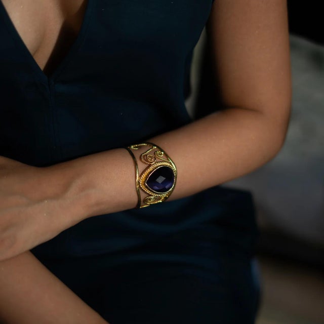 Navy Blue Navy Blue Cat Eye Chunky Cuff Bracelet For Sale - Image 8 of 10