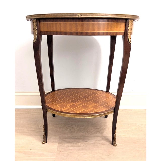 French Antique Louis XV Parquetry Side Table With Ormolu Two-Tiered For Sale - Image 3 of 15