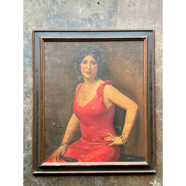 Art Deco Vintage Boho Original Art Deco Oil Portrait of Woman For Sale - Image 3 of 5