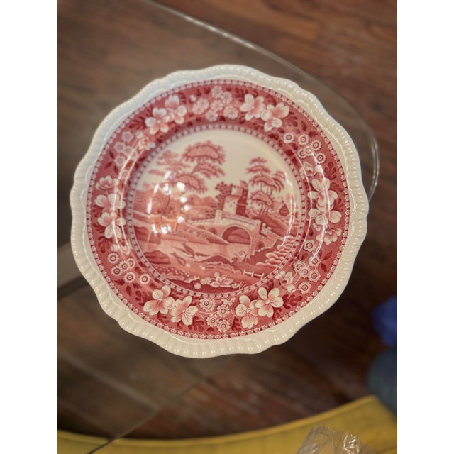 Antique Copeland Spode ironstone plate featuring a classic red transferware pastoral landscape with floral border. Made in...