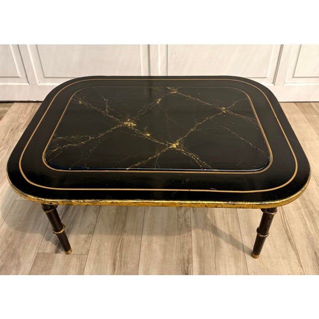 Chinoiserie Chinoiserie English Faux Bamboo Black Lacquer & Gilt Coffee Table, Signed Zoltowski For Sale - Image 3 of 15