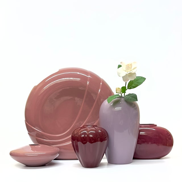 Pink, red, and purple ceramic vessels, group of 5. A beautiful set of high 1980s mixed pink art-deco revival ceramic vases...