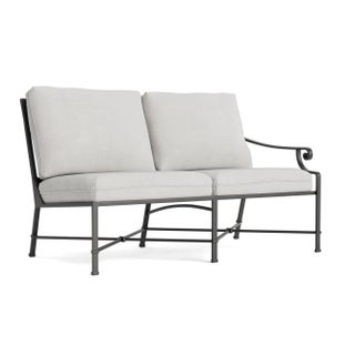Brown Jordan Venetian Right Arm Loveseat, Textured Pewter frame with Fusion Dove fabric For Sale