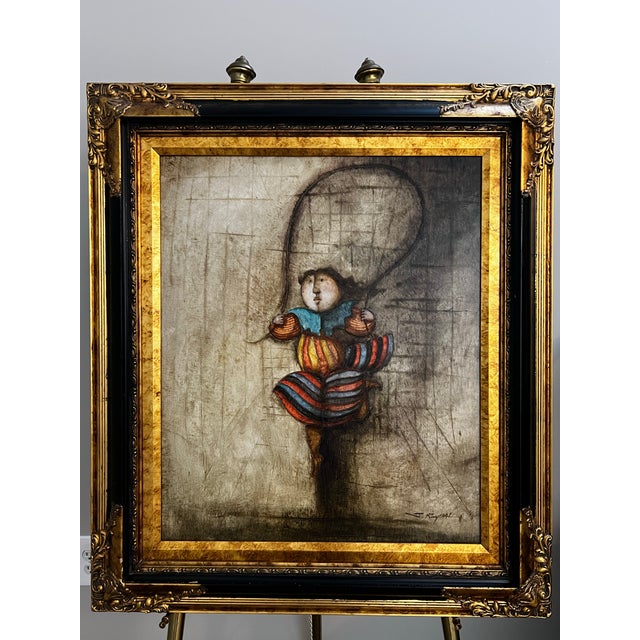 Late 20th Century (c1980s) painting on canvas of a jump roping girl, signed J. Roybal. Features vivid colors against an...