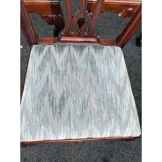 Antique Chippendale Carved Ball and Claw Foot Upholstered Dining Chairs- A Set of 6 For Sale - Image 10 of 12