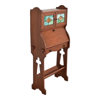 Stickley Brothers Style Antique Mission Oak Arts & Crafts Secretary Desk With Stained Glass Doors, Circa 1900 For Sale