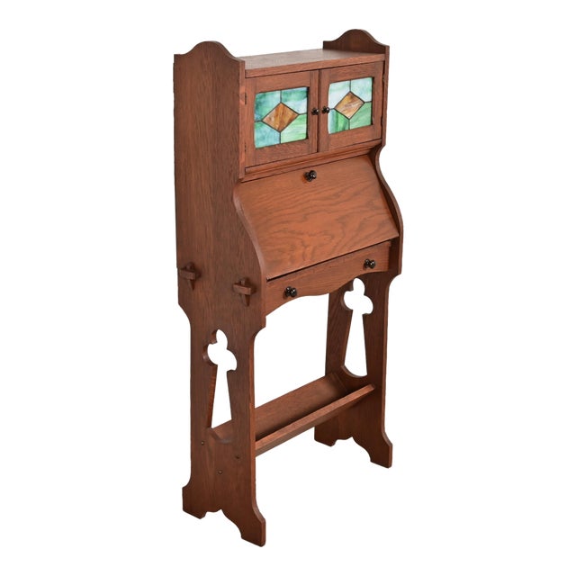 Stickley Brothers Style Antique Mission Oak Arts & Crafts Secretary Desk With Stained Glass Doors, Circa 1900 For Sale