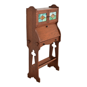 Stickley Brothers Style Antique Mission Oak Arts & Crafts Secretary Desk With Stained Glass Doors, Circa 1900