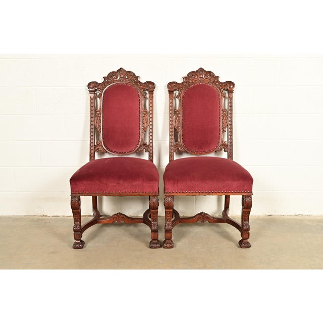 Victorian R. J. Horner Style Antique Renaissance Revival Carved Walnut Side Chairs or Dining Chairs | Pair For Sale - Image 3 of 14
