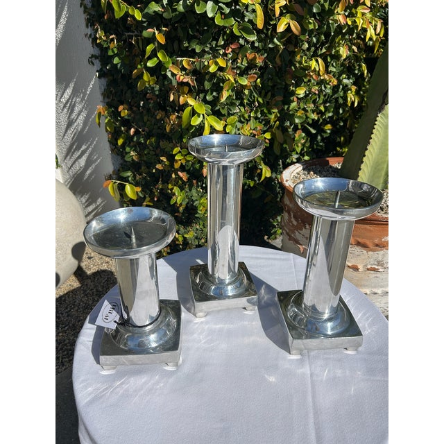 Mid 20th Century Set of Three Vintage Pewter Silver Candle Holders For Sale - Image 5 of 12
