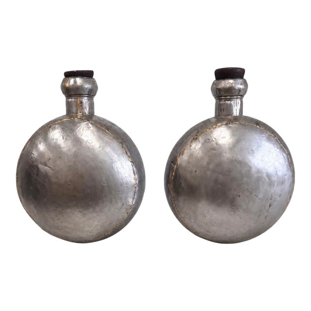 Pair of Large Vintage Indian Tin and Brass Water Vessels With Wooden Cork Stoppers For Sale
