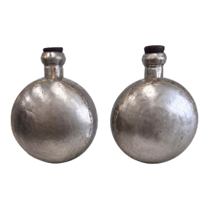 Pair of Large Vintage Indian Tin and Brass Water Vessels With Wooden Cork Stoppers