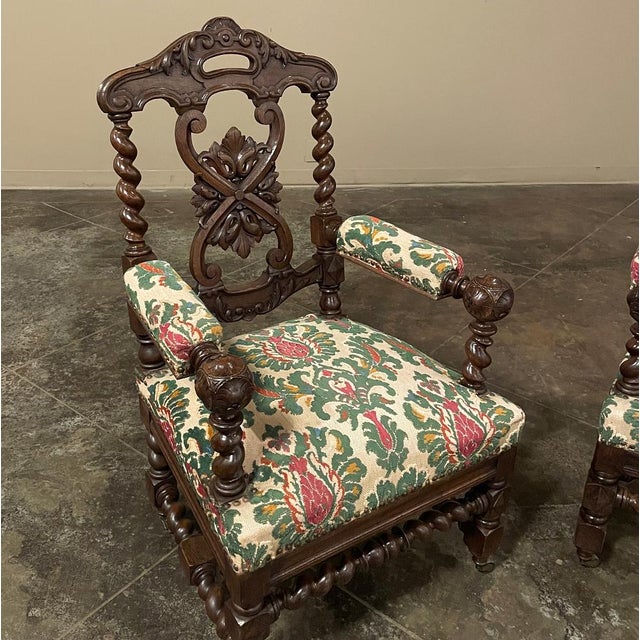 Pair 19th Century Renaissance Revival / Louis XIII Style Barley Twist Armchairs in Solid Oak For Sale - Image 9 of 17
