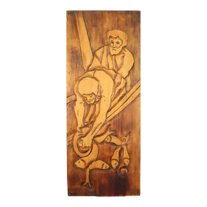 1970s Jean-Claude Gaugy "Miraculous Catch of Fish" Carved Wood Panel