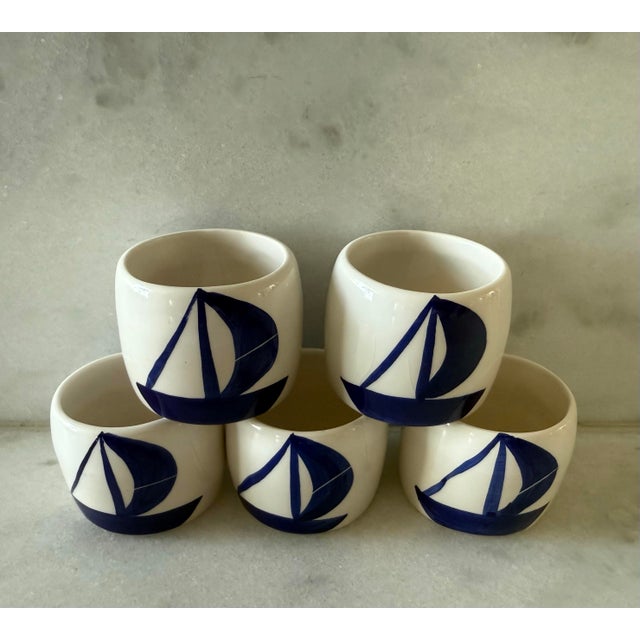 Nautical Set of 5 Ceramic Blue and White Napkin Rings With Boat Design For Sale - Image 3 of 7