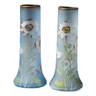 Early 20th Century Pair of Art Nouveau Enamel Decorated Blue Glass Vases For Sale