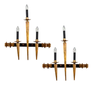 Large Spanish Gilt Metal Gothic Style Wall Sconces - a Pair