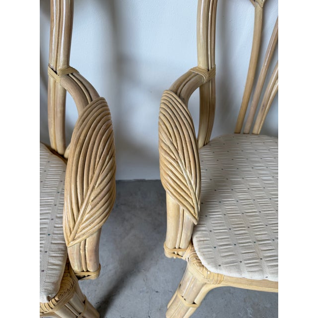 Beige Vintage Boho Chic Coastal Rattan & Leather-Wrapped Dining Chairs – Set of 4 For Sale - Image 8 of 12
