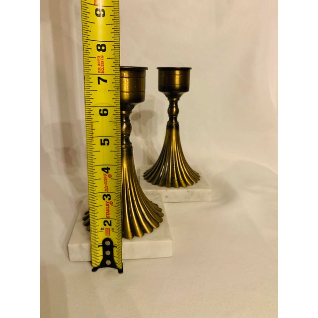 Mid 20th Century Hollywood Regency White Marble and Brass Candlesticks - Set of 2 For Sale - Image 9 of 13