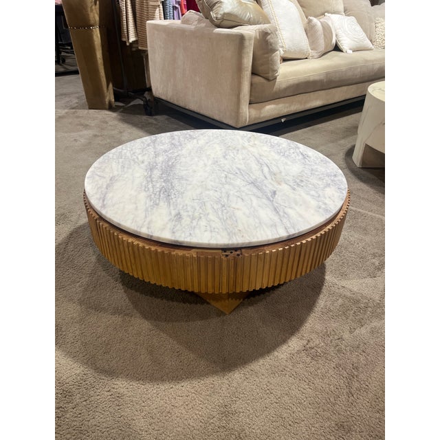 Four Hands Round Oak “Leland” Coffee Table With White Marble Top For Sale - Image 4 of 9