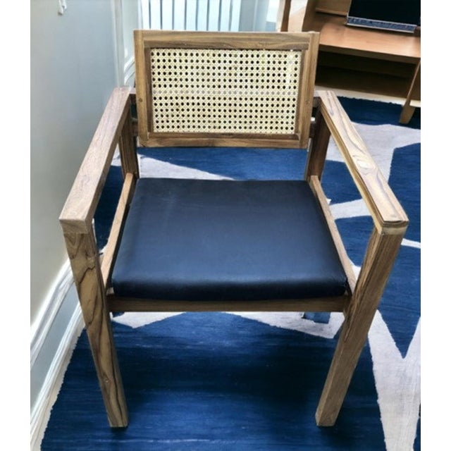 Coastal Pair of Coastal Boho Leather Cushion Teak & Cane Armchairs For Sale - Image 3 of 7