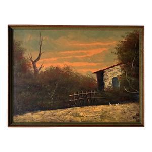 1980's Vintage Pini Countryside Landscape Oil Painting on Board - Framed