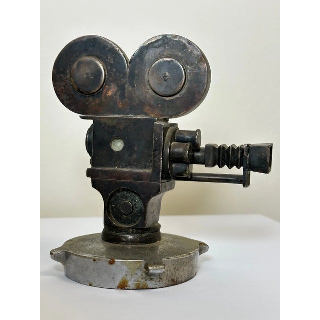 Art Deco Early 20th Century Small Art Deco Movie Director Reel Camera Classic Car Mascot Sculpture With Verdigris For Sale - Image 3 of 13