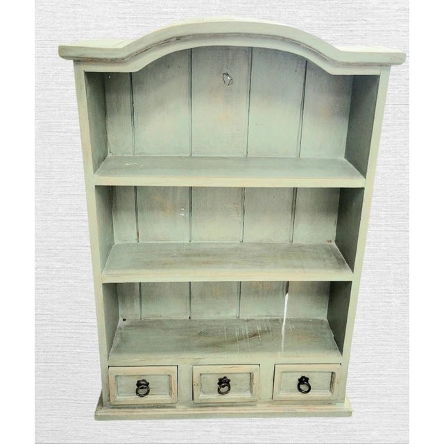 Jasper Morrison Vintage Rustic French Country Pale Green 3 Drawer Arched Distressed Wall Cabinet Shelving Unit For Sale - Image 4 of 13