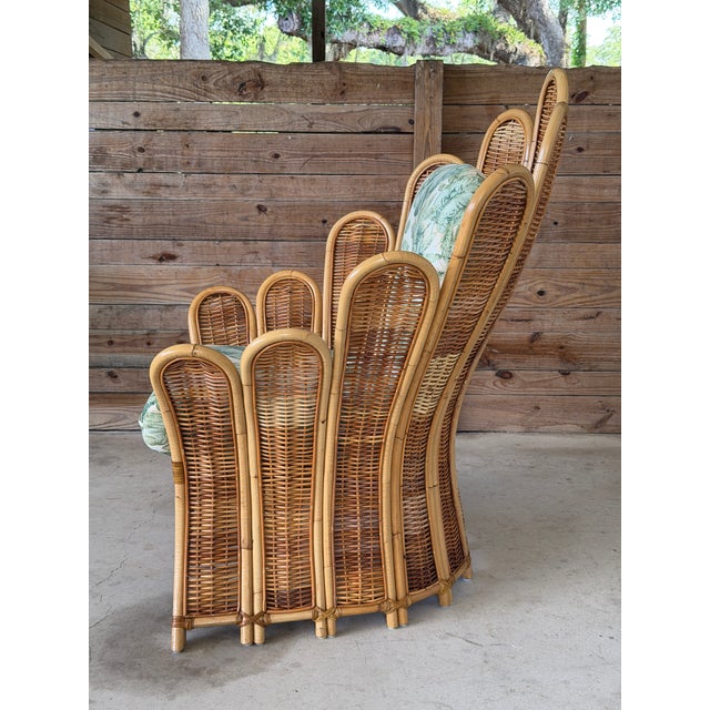 Vintage Sculptural Rattan Fan Back Palm Frond Lounge Chair For Sale - Image 4 of 10