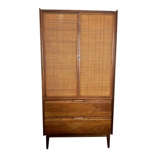 Mid 20th Century Wicker and Walnut Armoire by American of Martinsville For Sale