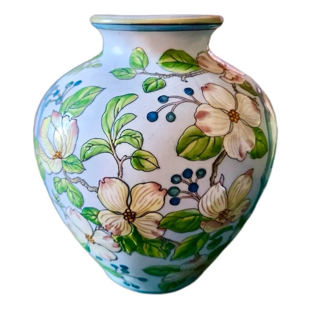 Vintage Andrea by Sadek, hand-painted porcelain vases, a pair. A mirrored duet of porcelain grace, each vase features a...