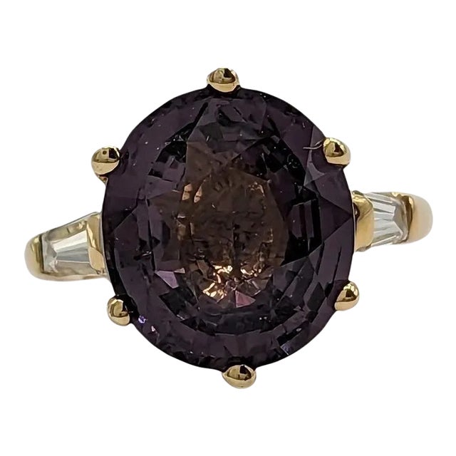 Purple Spinel and White Diamond Three Stone Ring in 14K Yellow Gold, size 4 For Sale