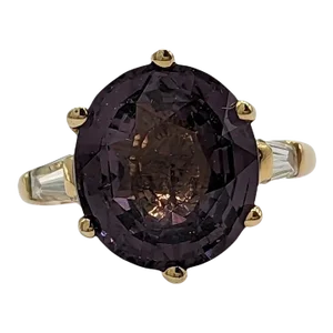 Purple Spinel and White Diamond Three Stone Ring in 14K Yellow Gold, size 4