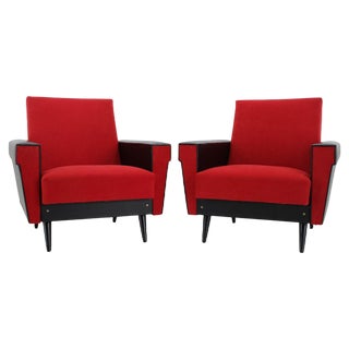 Set of Leatherette and Red Fabric Armchairs, Czechoslovakia, 1970s For Sale
