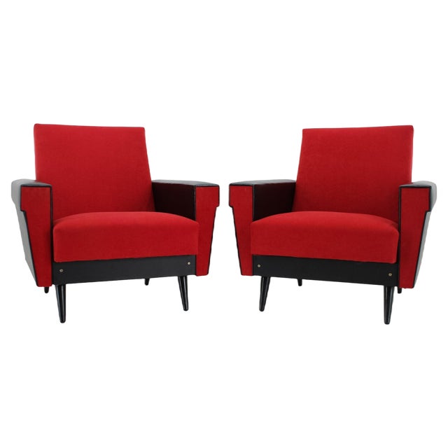 Set of Leatherette and Red Fabric Armchairs, Czechoslovakia, 1970s For Sale