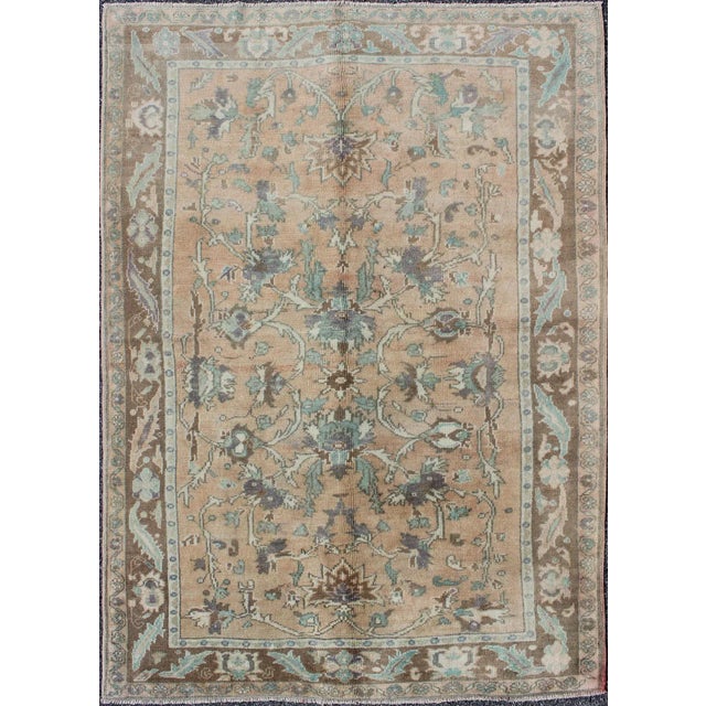 Apricot Floral Vintage Turkish Oushak Rug in Cream, Green, Light Peach and Brown 5'1 X 7'8 For Sale - Image 8 of 8