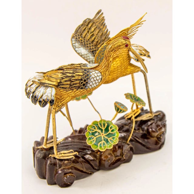 Mid 20th Century Vintage Chinese Metal Gilt Filigree and Enamel Cranes Figures on Wooden Stand For Sale - Image 5 of 12