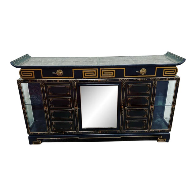 Unusual Chinoiserie Hollywood Regency Style Black & Gold Credenza For Sale