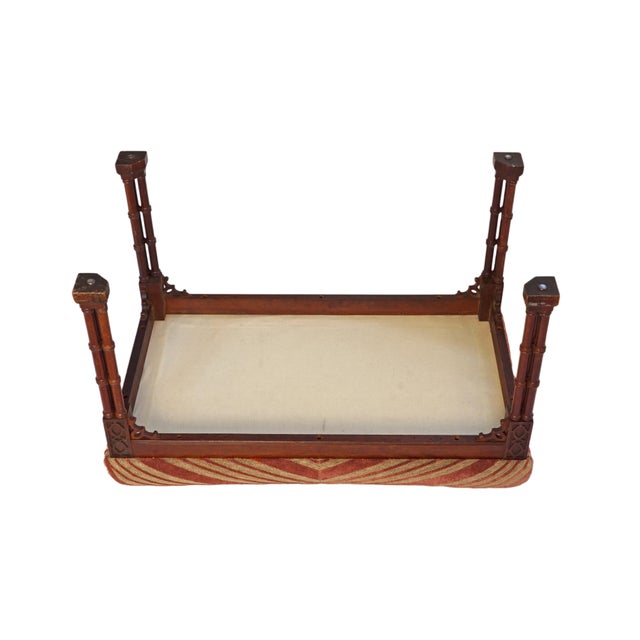 Wood Mid 20th Century Chinese Chippendale Style Stool Faux Bamboo Legs Velvet Chevron Upholstery Bench For Sale - Image 7 of 7