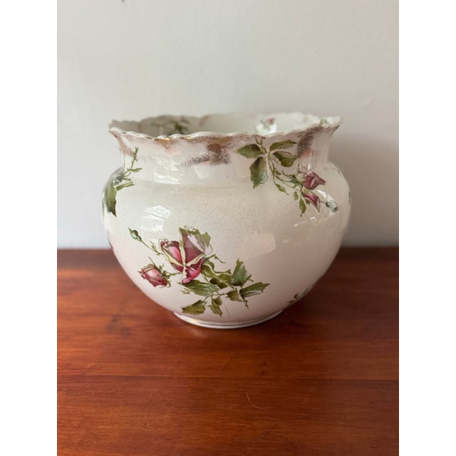 Ceramic Antique Victorian Rose Transferware Jardinière Cachepot Planter Bowl - Pink Roses, Gold Gilt, Cottage Garden Decor For Sale - Image 7 of 12
