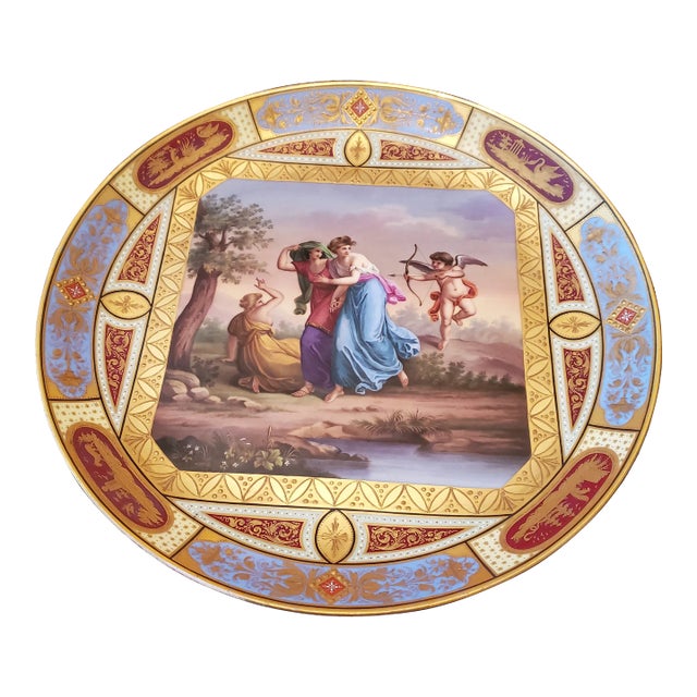Mid 19th Century Antique Porcelain Plaque Royal Vienna Amore Gold Jeweled For Sale