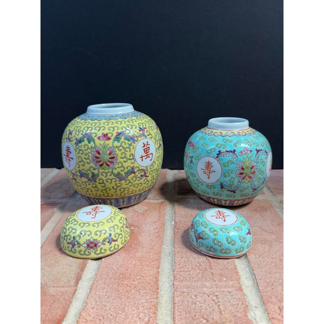 Ceramic Vintage Chinese Mun Shou Longevity Polychrome Porcelain Ginger Jars - Set of 2 For Sale - Image 7 of 11