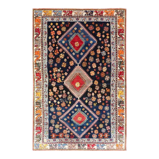 Vintage Persian Tribal Shiraz With Medallion Design on Dark Background 5'3 X 8'4 For Sale