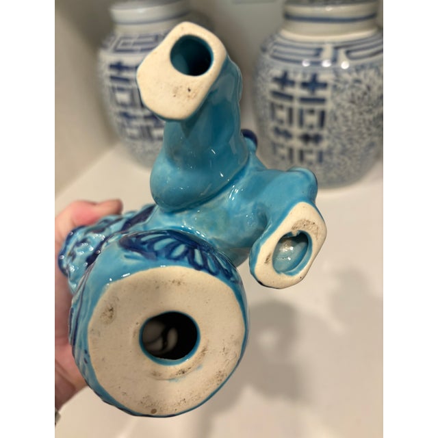 Vintage Turquoise Blue Ceramic Foo Dog Guardian Lion Figurin Vintage turquoise and cobalt blue glazed ceramic foo dog...