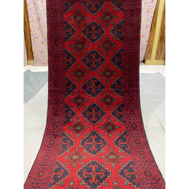 Art Deco Red & Navy Blue Geometric Tribal Wool Runner Rug, 2'7" X 12'6" For Sale - Image 3 of 13