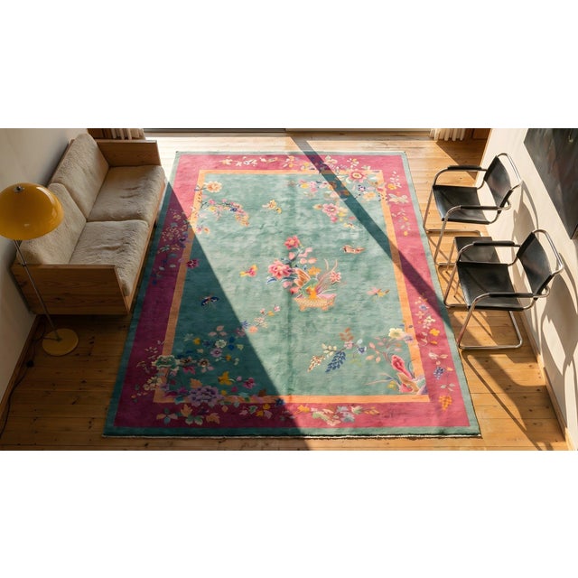 1920s Green Floral Antique Chinese Art Deco Rug 9' X 11'8" Handknotted Wool Carpet For Sale - Image 16 of 16